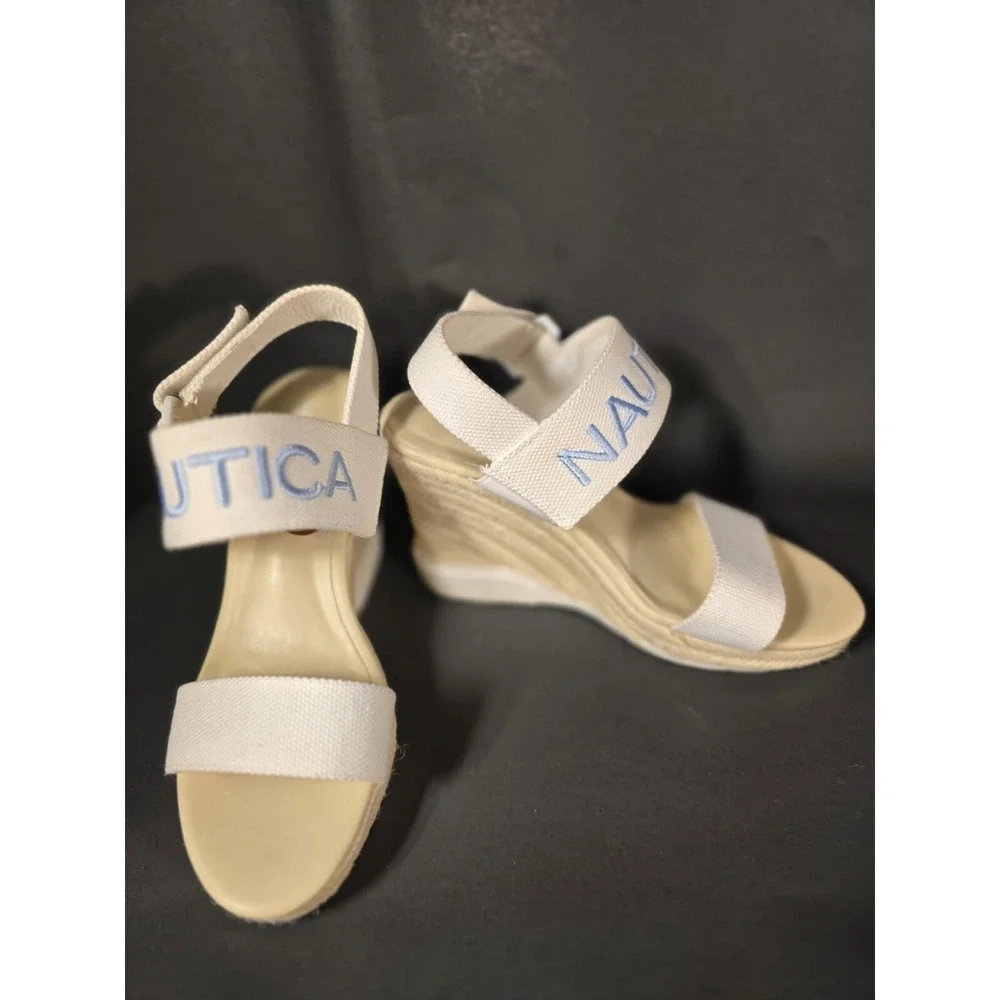 Nautica Shoes Sandals Espadrilles Open‎ Toe Wedge Logo White Strap Women's 8